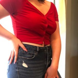 off the shoulder button crop top